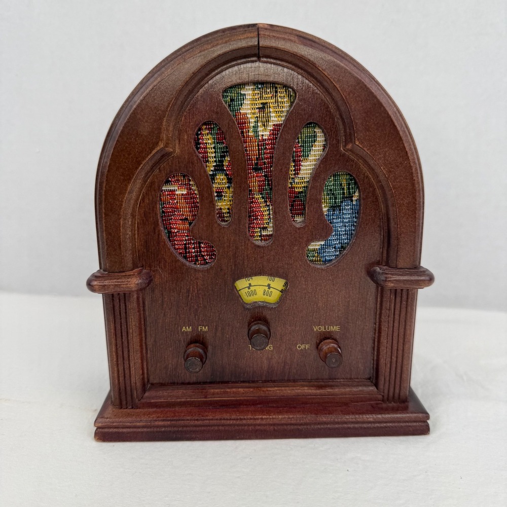 Vintage Style Wood Cathedral AM FM Radio Floral Tapestry Grill Desktop Decor - Picture 1 of 8